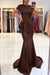 Chocolate Short Sleeve Lace Mermaid Prom Dress with Slit