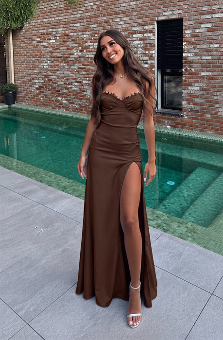 Chocolate Sweetheart Satin Prom Dress Mermaid with Front Split