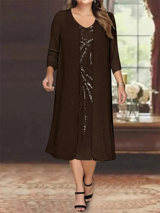Chocolate V-Neck Long-Sleeve Tea-Length Plus Size Mother of the Bride Dress with Jacket and Sequins