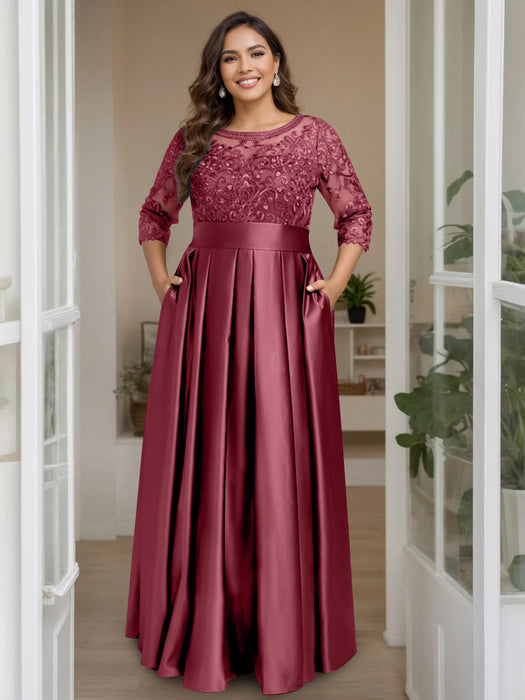 Rose Plus Size Floor-Length Mother of the Bride A-Line Dress with 3/4 Sleeves Scoop Neck Bow & Sequins
