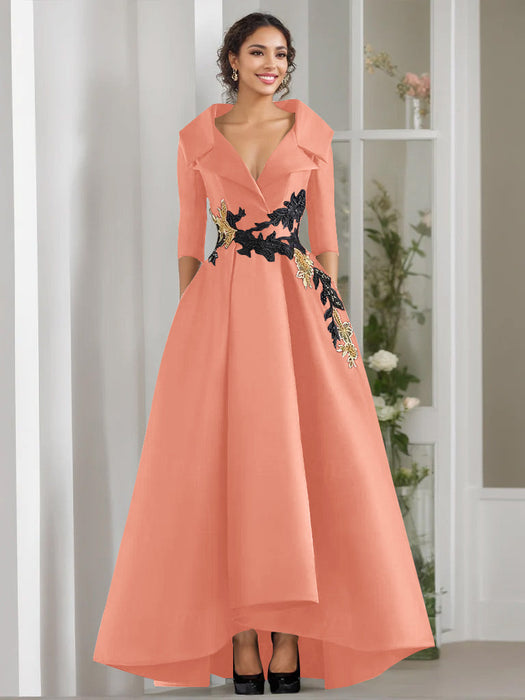 V-Neck A-Line Princess Floor-Length Mother of the Bride Dress with 3/4 Sleeves Appliques and Beading