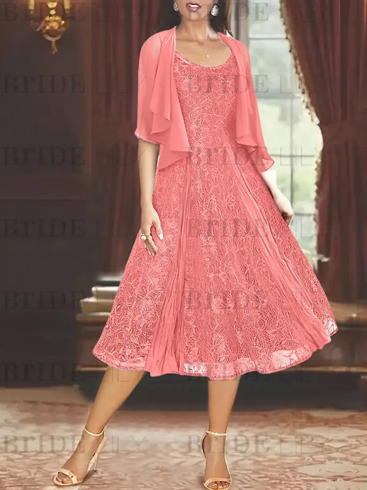 Princess A-Line Tea-Length Mother of the Bride Dress with Scoop Neck Half Sleeves Appliques and Jacket