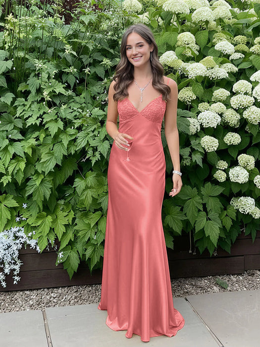 Coral V-neck Beaded Satin A Line Prom Dress