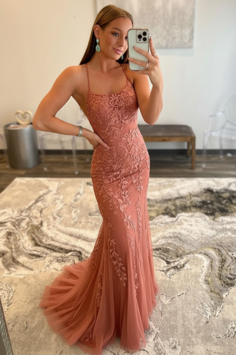 Terracotta Coral Lace Mermaid Backless Long Prom Dresses