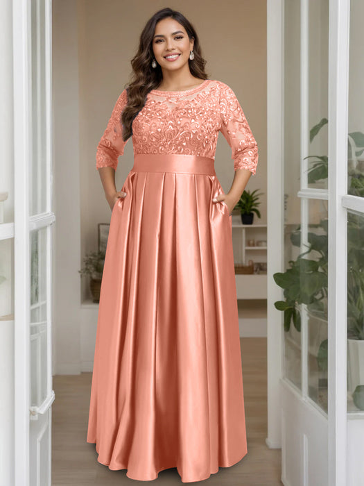 Coral Plus Size Floor-Length Mother of the Bride A-Line Dress with 3/4 Sleeves Scoop Neck Bow & Sequins