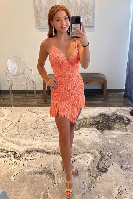 Coral Sparkly Beaded Tight Short Homecoming Dress with Fringes