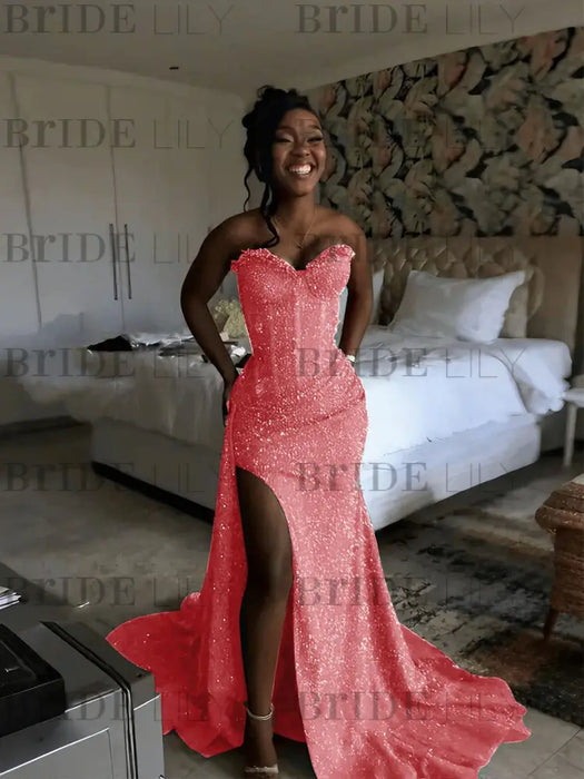 Coral Sparkly Strapless Mermaid Sequined Prom Dress with Slit