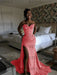 Coral Sparkly Strapless Mermaid Sequined Prom Dress with Slit