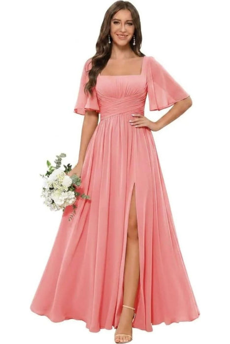 Square Neck Ruffle Sleeve Chiffon Bridesmaid Dress with Slit