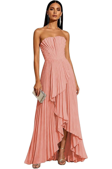 Strapless Pleated Chiffon High-Low Bridesmaid Dress