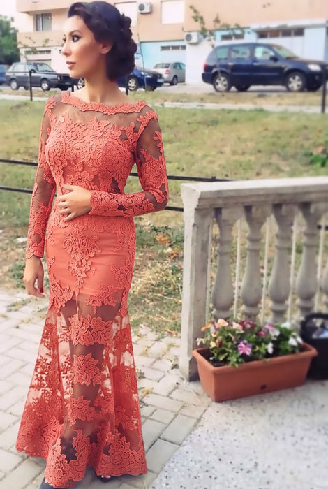 Coral Trumpet/Mermaid Bateau Long Sleeves Applique Lace Dresses - Prom Dresses