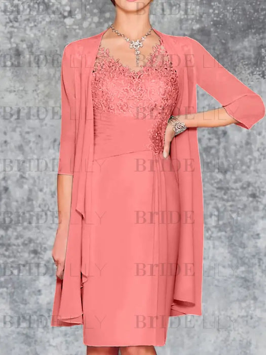 Coral Knee-Length V-Neck Sheath/Column Mother of the Bride Dresses