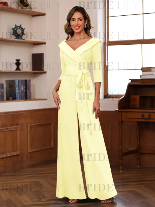 V-Neck Chiffon Jumpsuit with Ruched Detail and 3/4 Sleeves for the Mother