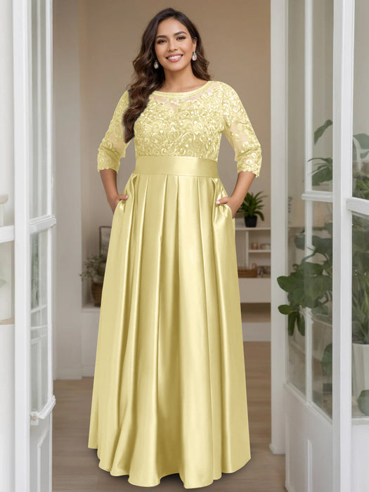 Daffodil Plus Size Floor-Length Mother of the Bride A-Line Dress with 3/4 Sleeves Scoop Neck Bow & Sequins