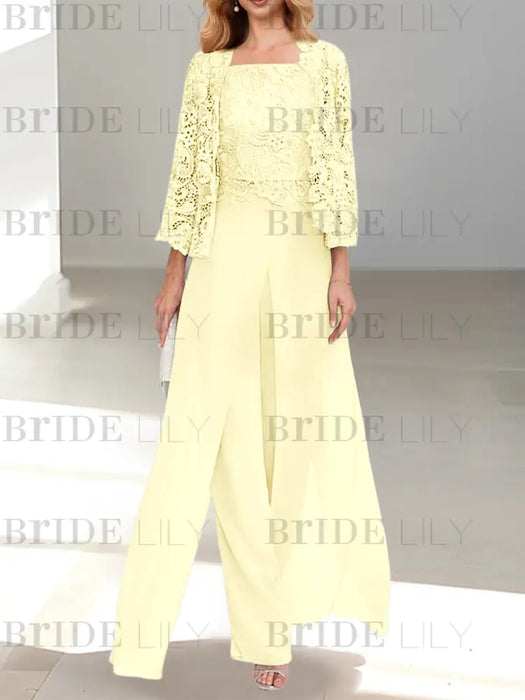Floor-Length Square Neck Chiffon Mother of the Bride Pantsuit with Jacket & Side Split