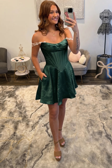 Dark Green Pearl Corset Homecoming Dress with Off-Shoulder Straps