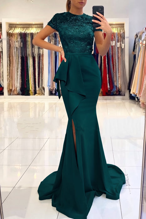 Dark Green Short Sleeve Lace Mermaid Prom Dress with Slit