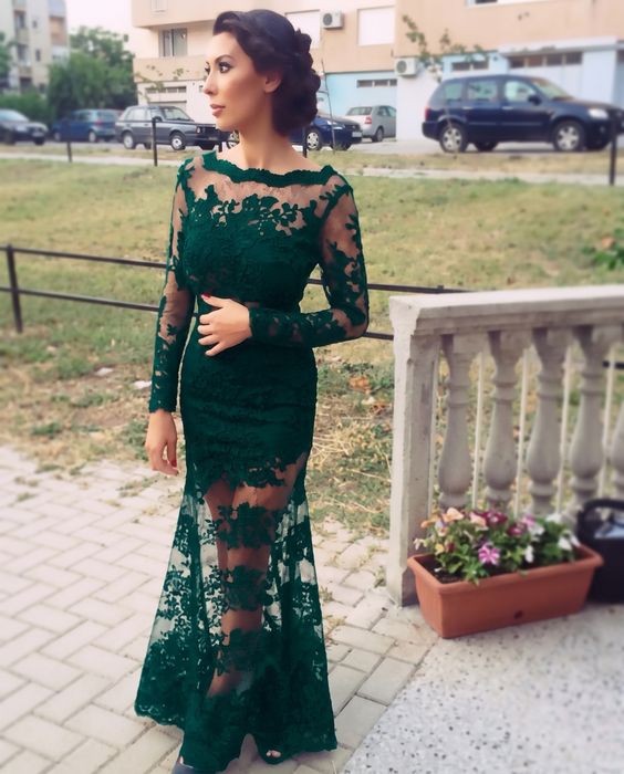 Dark Green Trumpet/Mermaid Bateau Long Sleeves Applique Lace Dresses - Prom Dresses