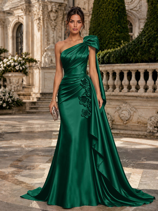 Dark Green One Shoulder Satin Mermaid Evening Dresses with 3D Flowers