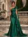 Dark Green One Shoulder Satin Mermaid Evening Dresses with 3D Flowers