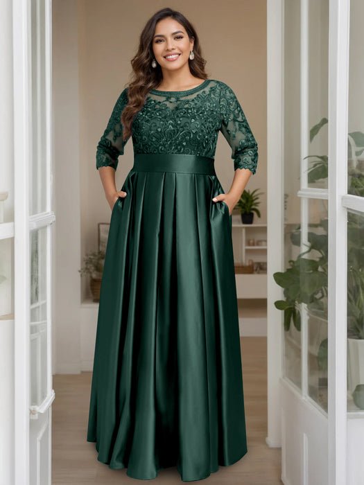 Dark Green Plus Size Floor-Length Mother of the Bride A-Line Dress with 3/4 Sleeves Scoop Neck Bow & Sequins