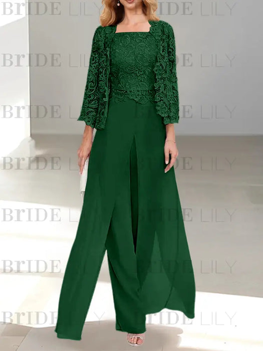 Floor-Length Square Neck Chiffon Mother of the Bride Pantsuit with Jacket & Side Split