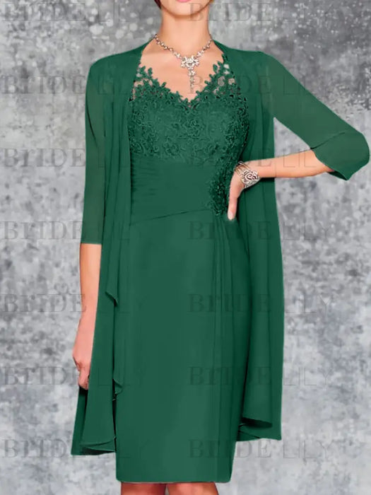 Dark Green Knee-Length V-Neck Sheath/Column Mother of the Bride Dresses