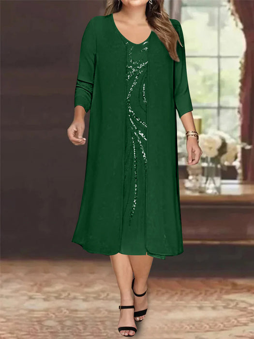 Dark Green V-Neck Long-Sleeve Tea-Length Plus Size Mother of the Bride Dress with Jacket and Sequins