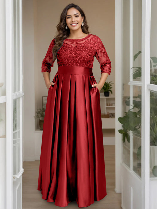 Dark Red Plus Size Floor-Length Mother of the Bride A-Line Dress with 3/4 Sleeves Scoop Neck Bow & Sequins