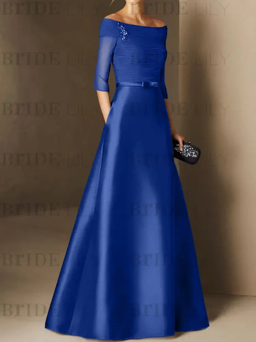 Short-Sleeve Off-the-Shoulder A-Line Mother of the Bride Dress with Belt Applique