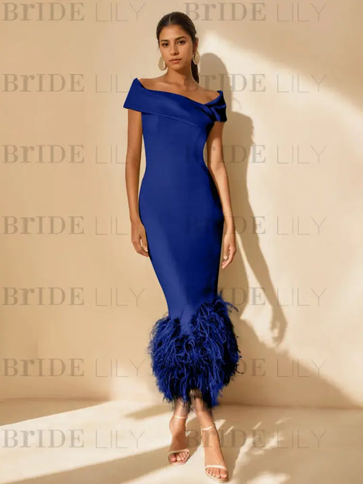 Unique Off-the-Shoulder Tea-Length Mother of the Bride Dress with Short Sleeves and Feathers