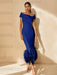 Unique Off-the-Shoulder Tea-Length Mother of the Bride Dress with Short Sleeves and Feathers