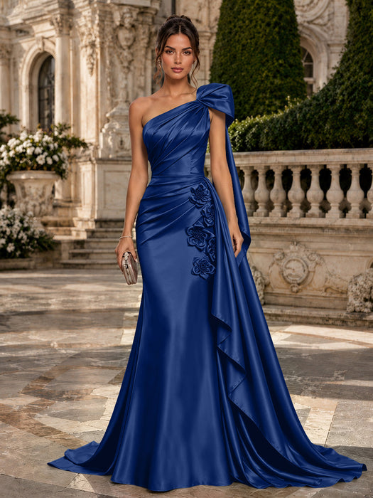 Royal Blue One Shoulder Satin Mermaid Evening Dresses with 3D Flowers