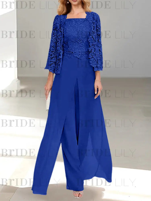 Floor-Length Square Neck Chiffon Mother of the Bride Pantsuit with Jacket & Side Split