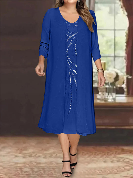 Royal Blue V-Neck Long-Sleeve Tea-Length Plus Size Mother of the Bride Dress with Jacket and Sequins