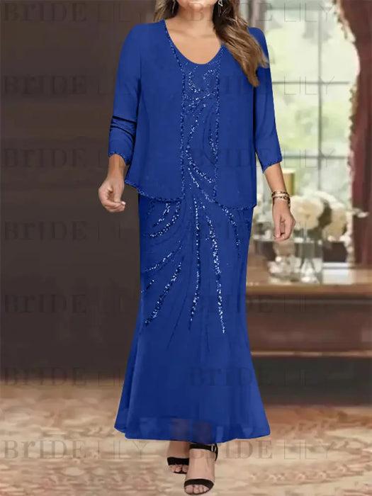 Plus Size V-Neck Ankle-Length Sheath/Column Mother of the Bride Dresses with Sequins & Jacket