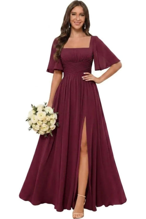 Square Neck Ruffle Sleeve Chiffon Bridesmaid Dress with Slit