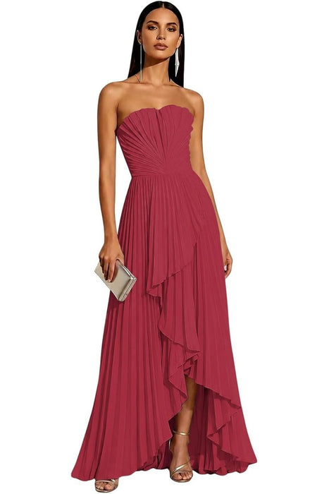 Strapless Pleated Chiffon High-Low Bridesmaid Dress