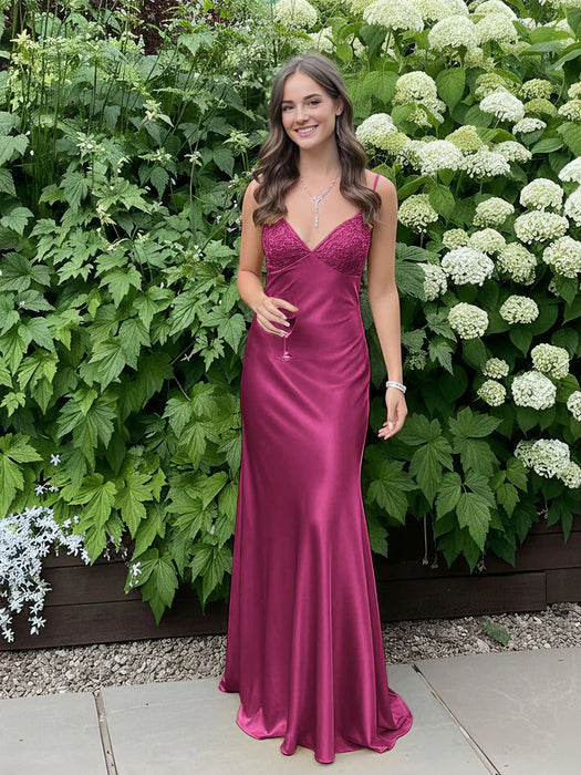 Rose V-neck Beaded Satin A Line Prom Dress