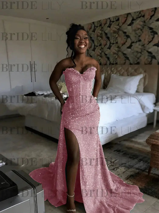 Dusty Pink Sparkly Strapless Mermaid Sequined Prom Dress with Slit