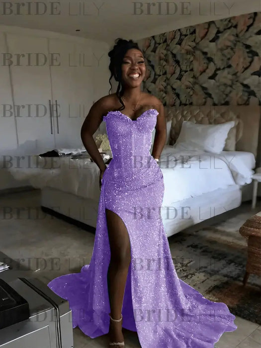 Purple Sparkly Strapless Mermaid Sequined Prom Dress with Slit