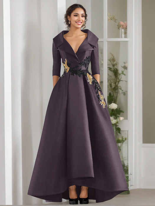 V-Neck A-Line Princess Floor-Length Mother of the Bride Dress with 3/4 Sleeves Appliques and Beading