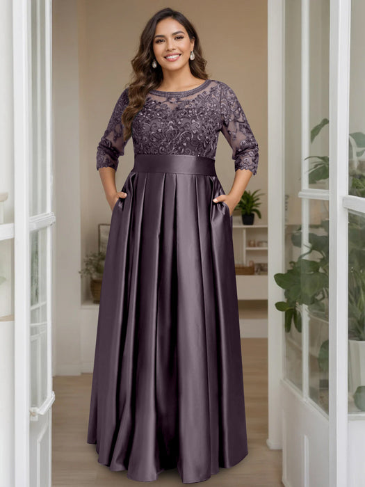 Dusk Plus Size Floor-Length Mother of the Bride A-Line Dress with 3/4 Sleeves Scoop Neck Bow & Sequins