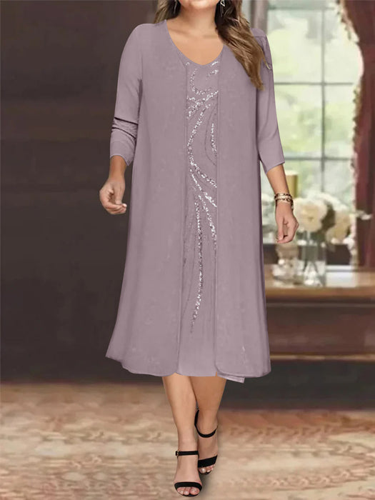 Dusk V-Neck Long-Sleeve Tea-Length Plus Size Mother of the Bride Dress with Jacket and Sequins