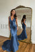 Dusty Blue Prom Dress Mermaid V Neck Long Evening Dress with Beadings - Prom Dresses