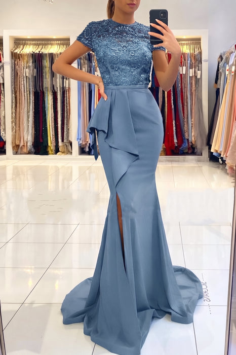 Dusty Blue Short Sleeve Lace Mermaid Prom Dress with Slit