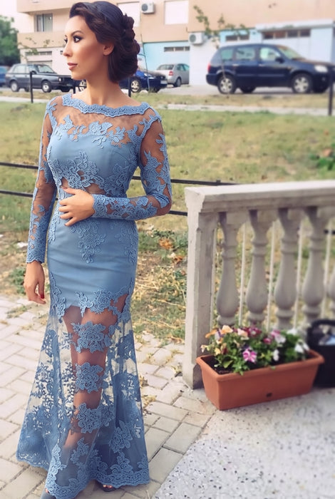 Dusty Blue Trumpet/Mermaid Bateau Long Sleeves Applique Lace Dresses - Prom Dresses