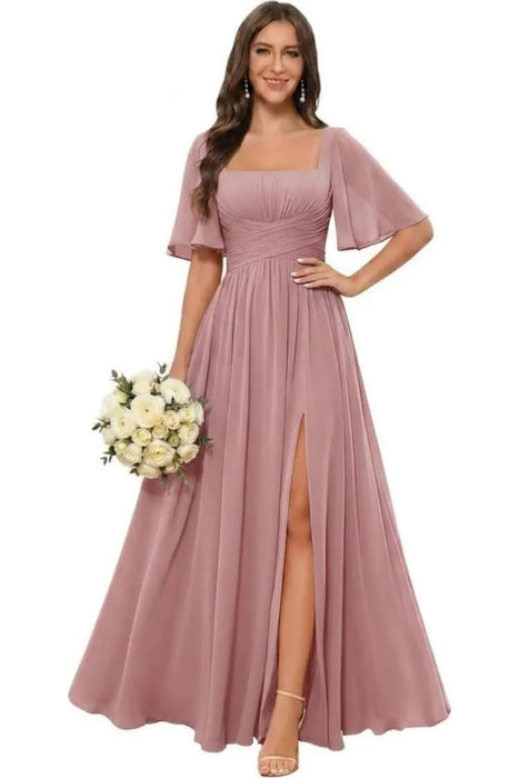 Square Neck Ruffle Sleeve Chiffon Bridesmaid Dress with Slit