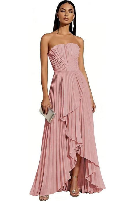 Strapless Pleated Chiffon High-Low Bridesmaid Dress