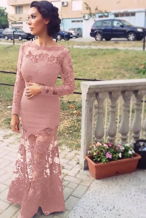 Dusty Rose Trumpet/Mermaid Bateau Long Sleeves Applique Lace Dresses - Prom Dresses